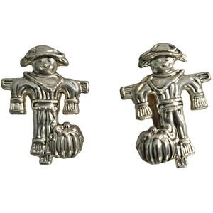 Vintage 1990s Best Scarecrow Silver tone Metal Autumn Clip Earrings 1,5" NEW